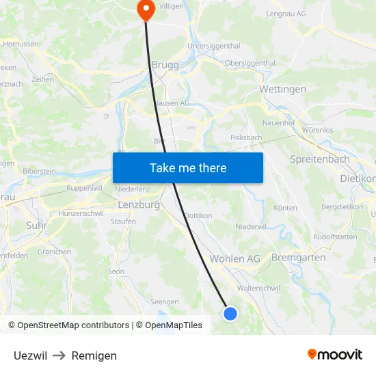 Uezwil to Remigen map