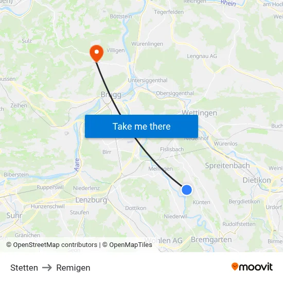 Stetten to Remigen map