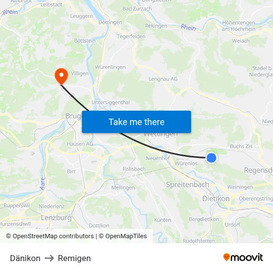 Dänikon to Remigen map