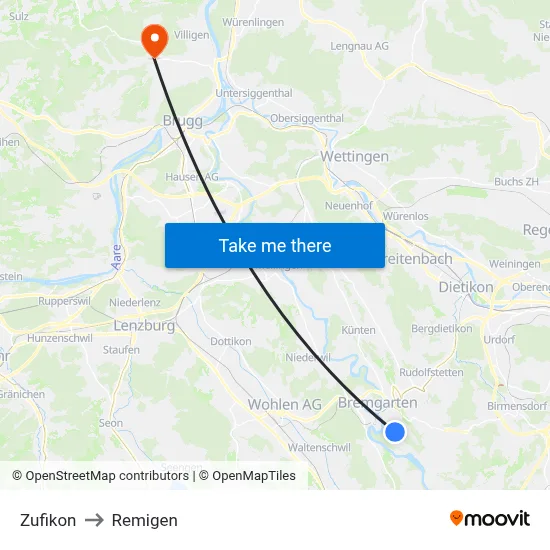Zufikon to Remigen map