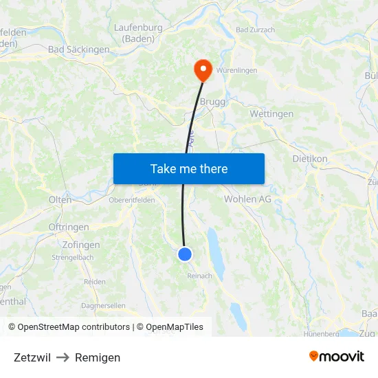 Zetzwil to Remigen map