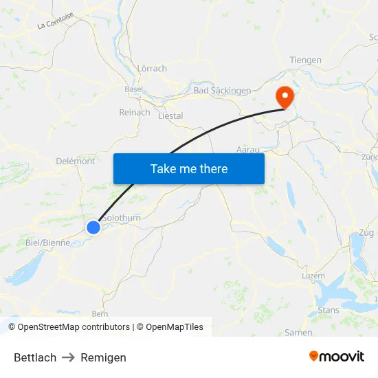 Bettlach to Remigen map