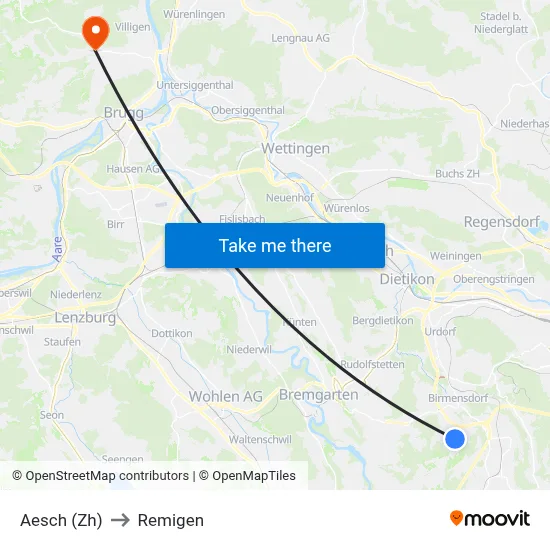 Aesch (Zh) to Remigen map