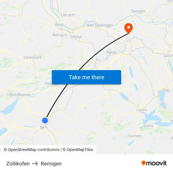 Zollikofen to Remigen map