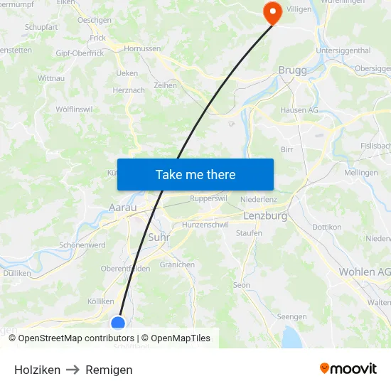 Holziken to Remigen map