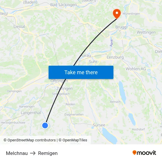 Melchnau to Remigen map