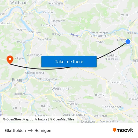 Glattfelden to Remigen map