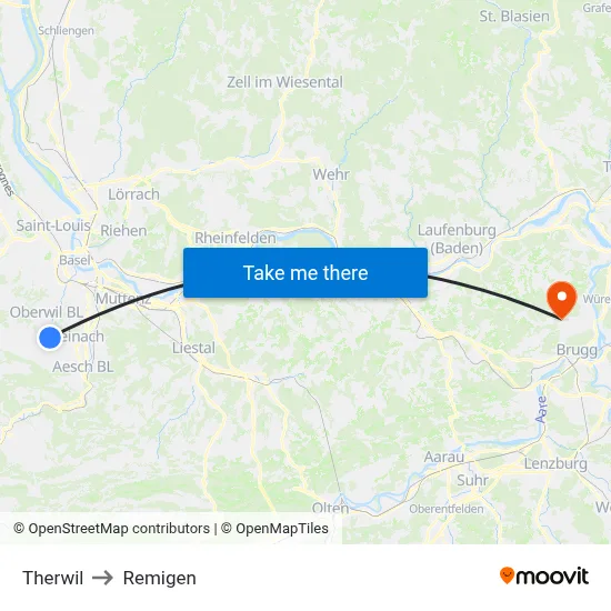 Therwil to Remigen map