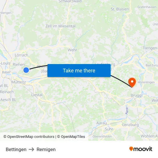 Bettingen to Remigen map