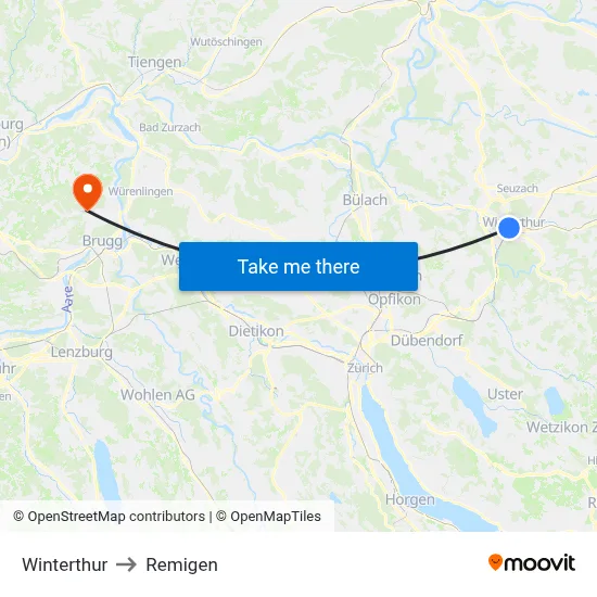 Winterthur to Remigen map