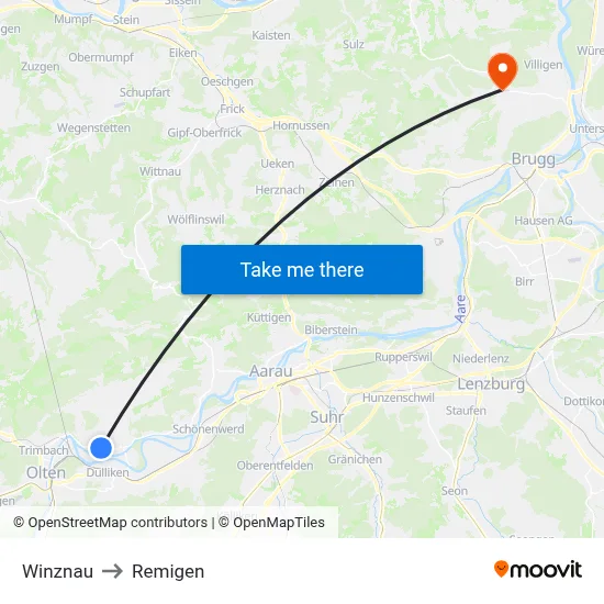 Winznau to Remigen map