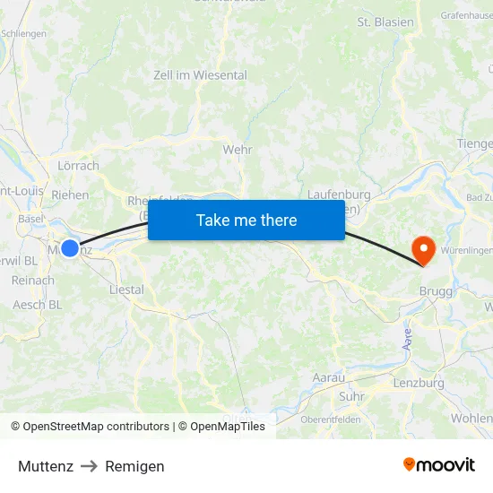 Muttenz to Remigen map