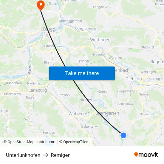 Unterlunkhofen to Remigen map