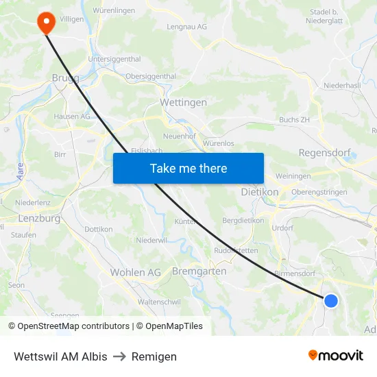 Wettswil AM Albis to Remigen map