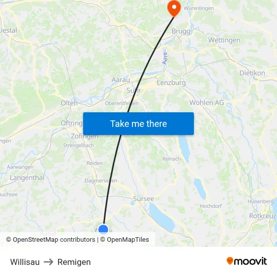 Willisau to Remigen map