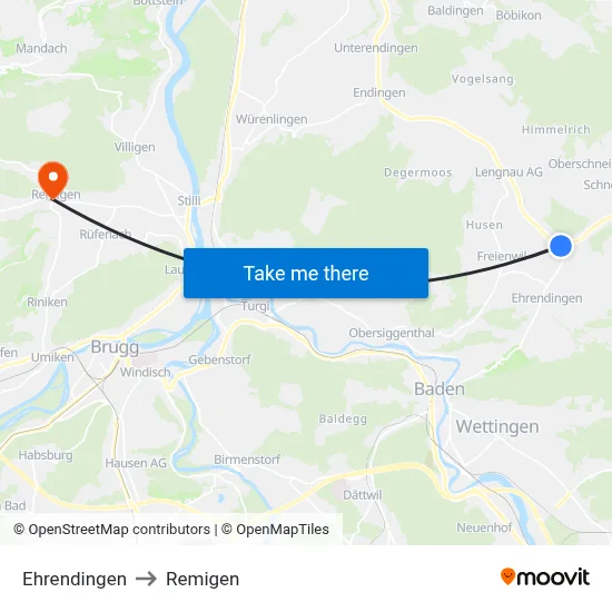 Ehrendingen to Remigen map
