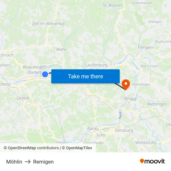 Möhlin to Remigen map