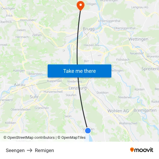 Seengen to Remigen map