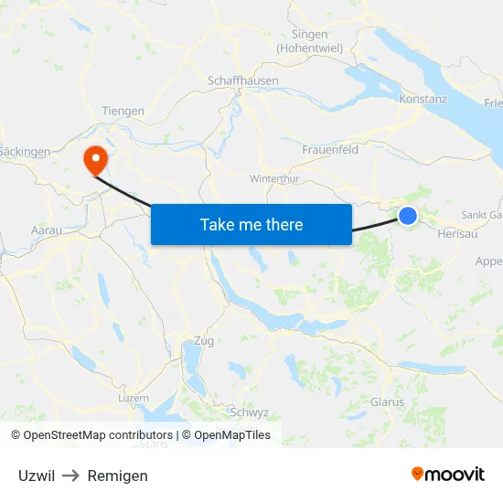 Uzwil to Remigen map