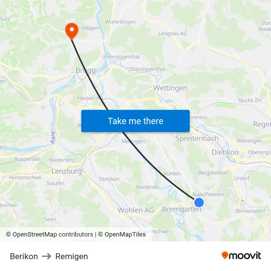 Berikon to Remigen map