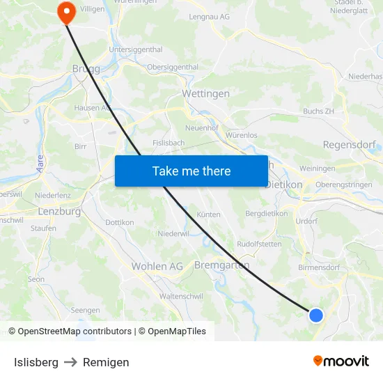 Islisberg to Remigen map