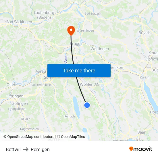 Bettwil to Remigen map