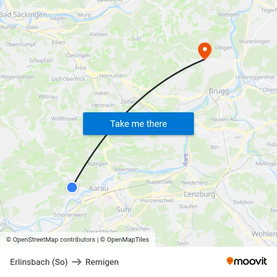 Erlinsbach (So) to Remigen map