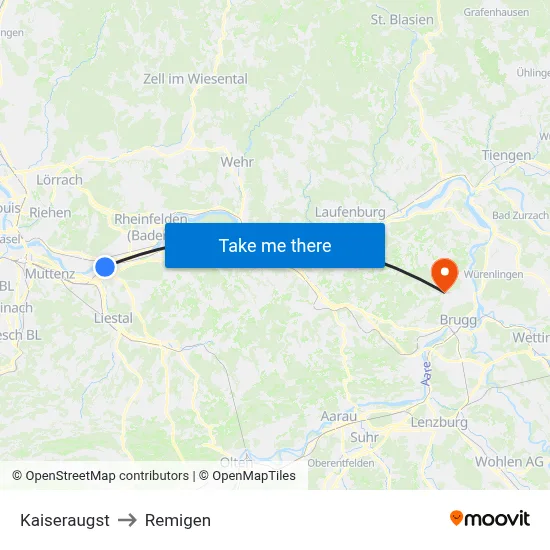 Kaiseraugst to Remigen map