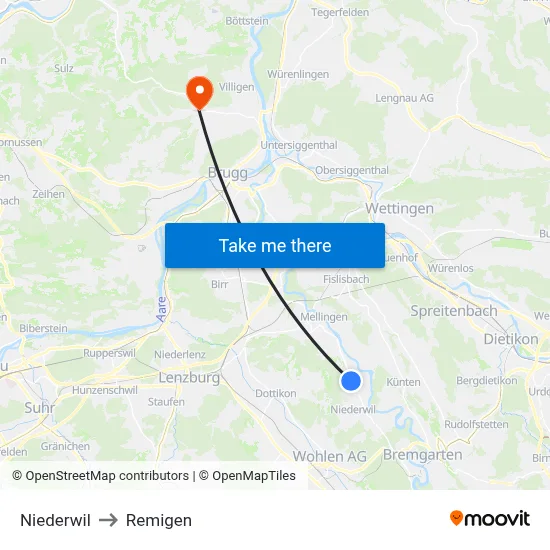 Niederwil to Remigen map