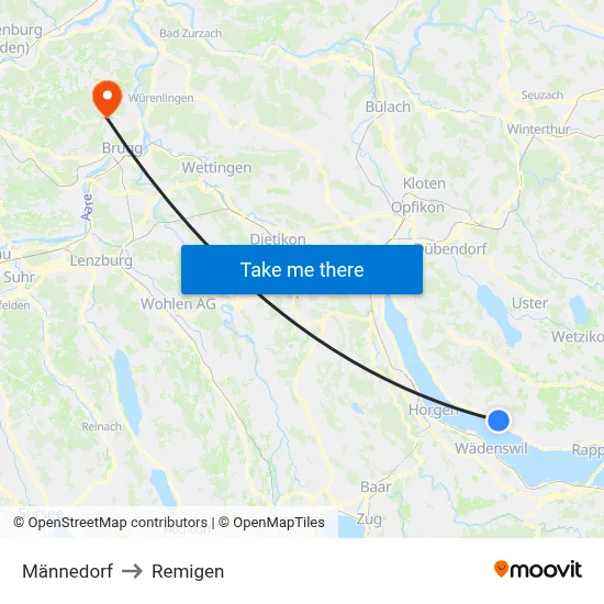 Männedorf to Remigen map