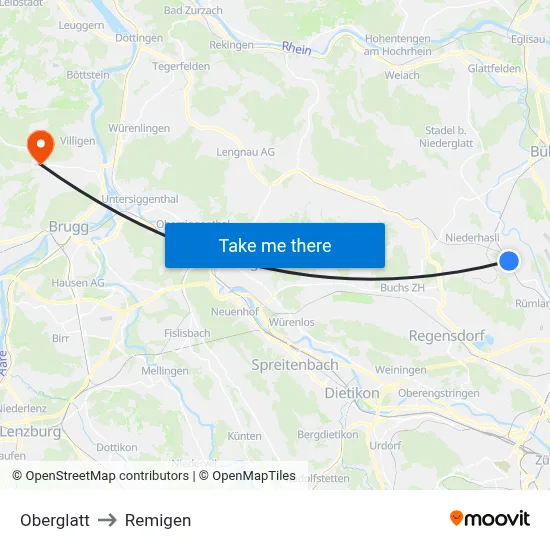 Oberglatt to Remigen map