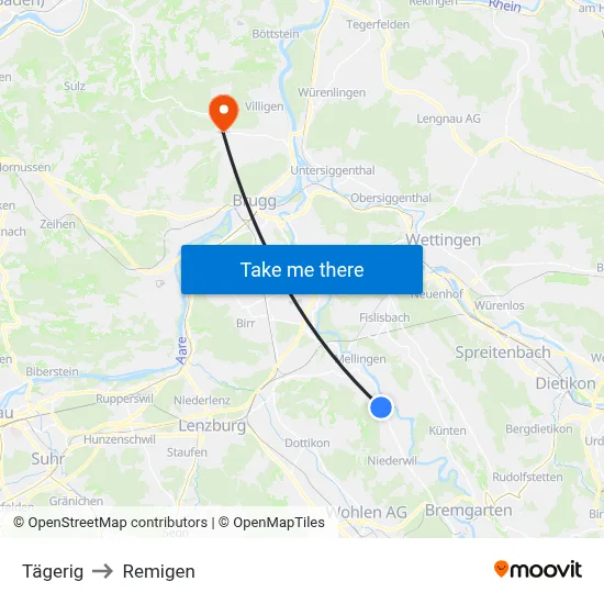 Tägerig to Remigen map