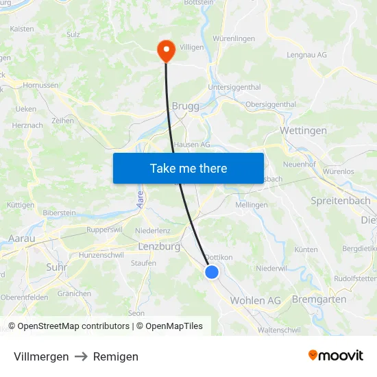 Villmergen to Remigen map
