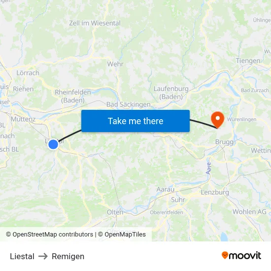Liestal to Remigen map