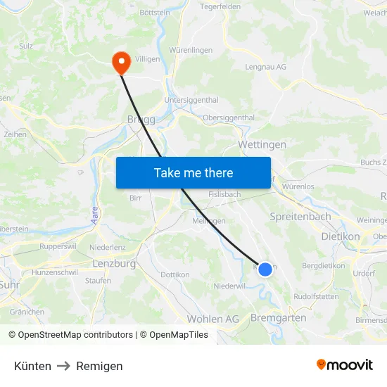 Künten to Remigen map