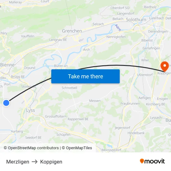 Merzligen to Koppigen map
