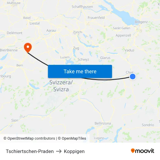 Tschiertschen-Praden to Koppigen map