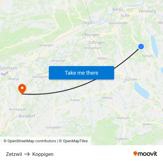 Zetzwil to Koppigen map