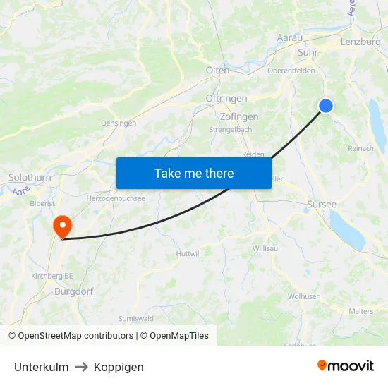 Unterkulm to Koppigen map