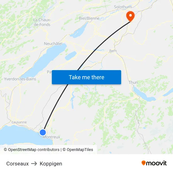 Corseaux to Koppigen map