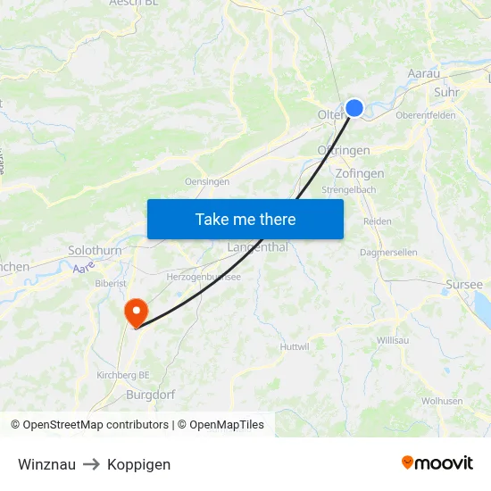 Winznau to Koppigen map