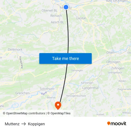 Muttenz to Koppigen map