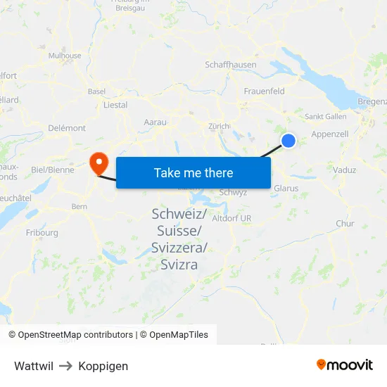 Wattwil to Koppigen map