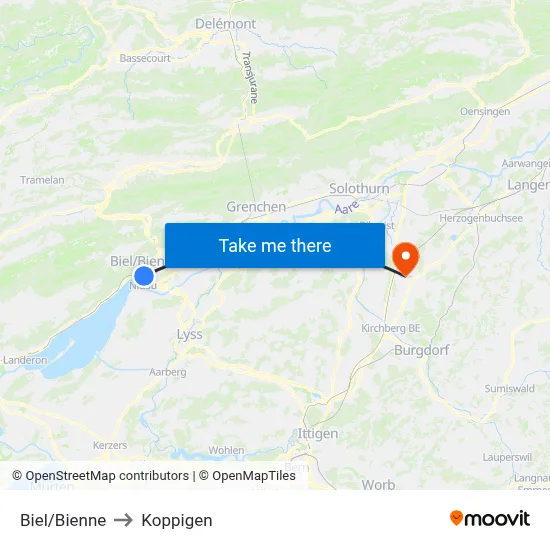 Biel/Bienne to Koppigen map