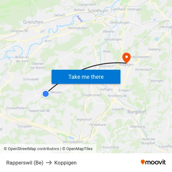 Rapperswil (Be) to Koppigen map