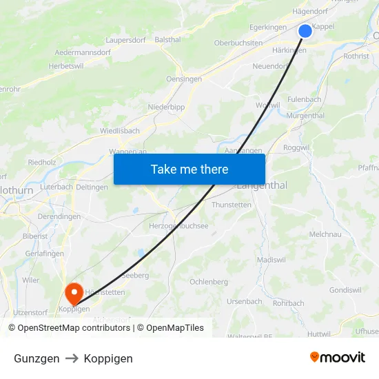 Gunzgen to Koppigen map