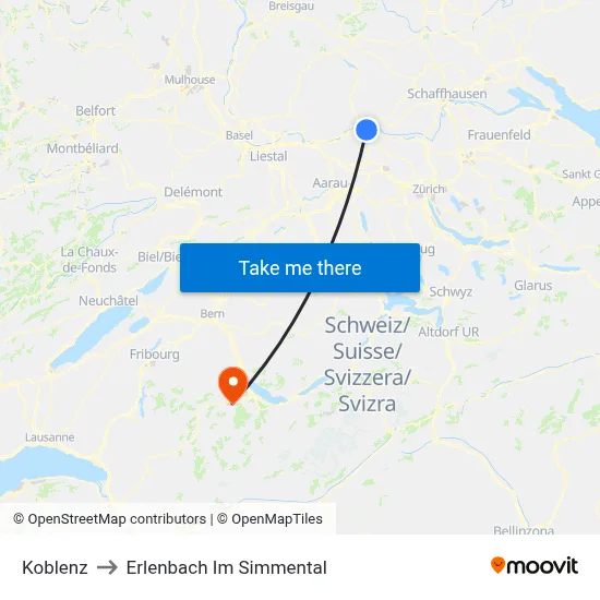 Koblenz to Erlenbach Im Simmental map