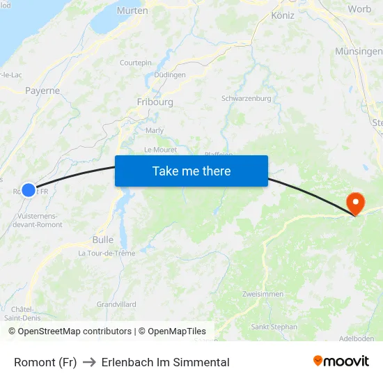 Romont (Fr) to Erlenbach Im Simmental map