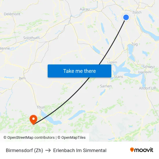 Birmensdorf (Zh) to Erlenbach Im Simmental map