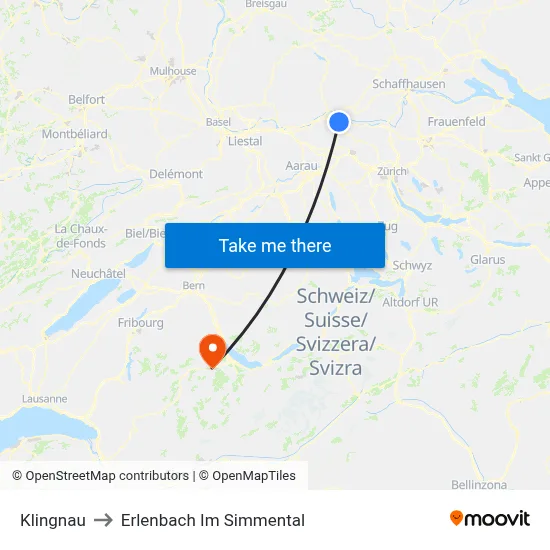 Klingnau to Erlenbach Im Simmental map